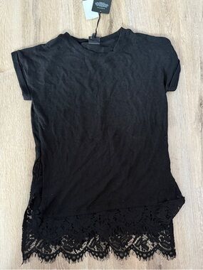 bobeau Black Short Sleeve Tee with Lace Hem